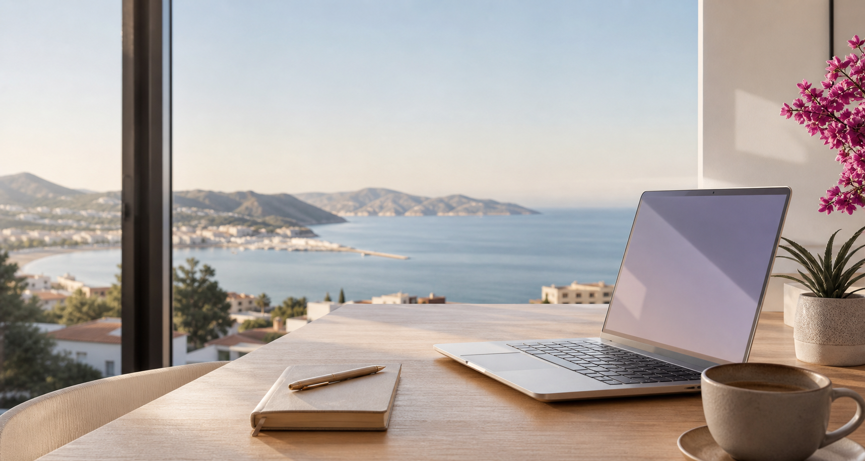 Mesa de trabajo con portatil y vistas a Roses